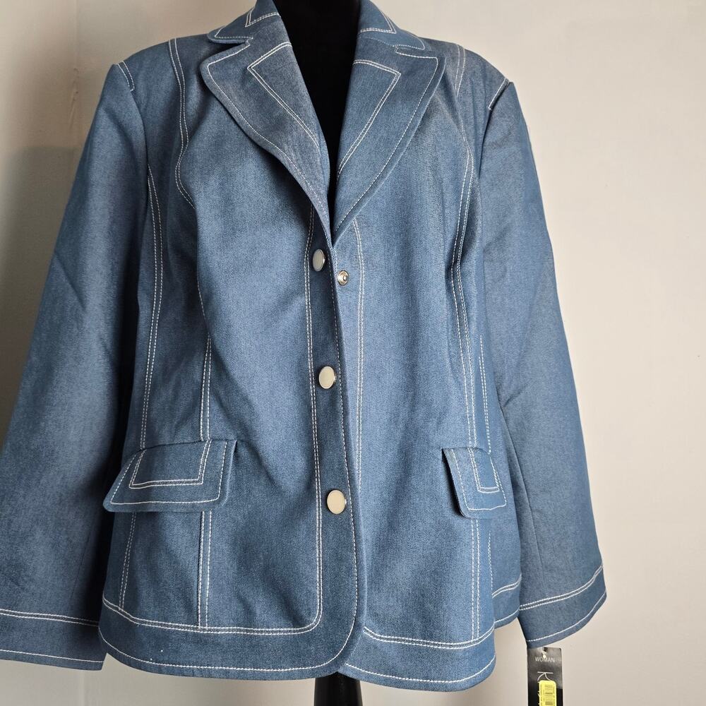 Kasper Blazer Womens 18W Blue White Trim with Snap Button Jacket Business Office